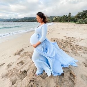 Maternity photo shoot dress in pastel blue color